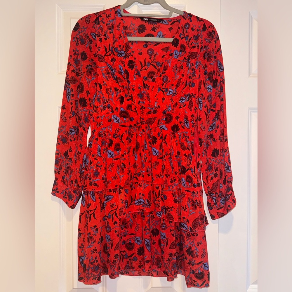 Zara red ruffled floral print mini dress long sleeve